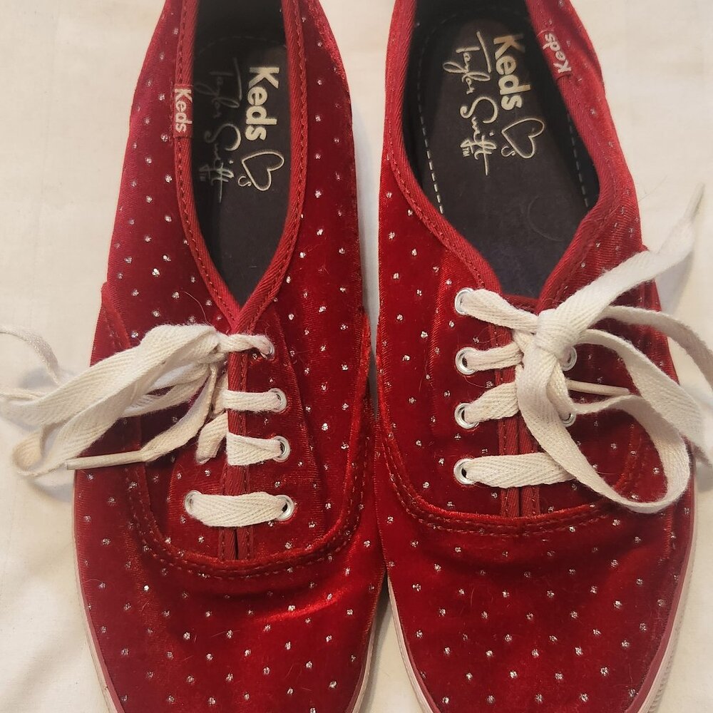 Taylor Swift red velvet rhinestoned Keds
